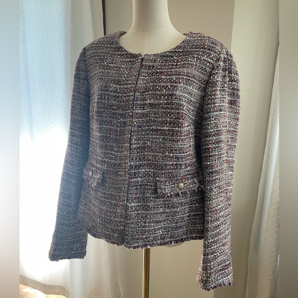 Karl Lagerfeld Lilac Elegant Tweed Women's Jacket XL Pearl Buttons